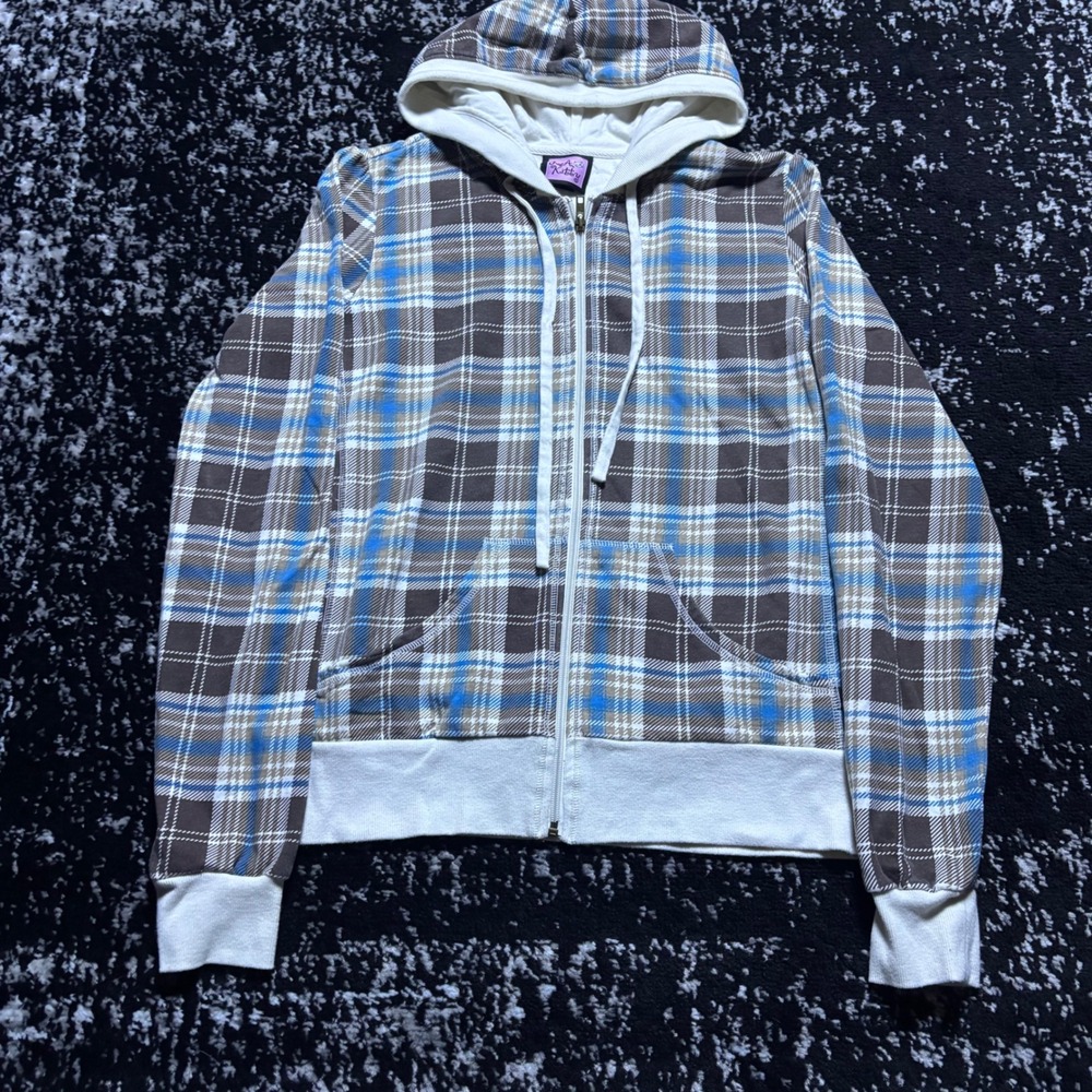 LA Kitty Plaid Zip Up Hoodie Brown Blue Y2K Hoodie XL